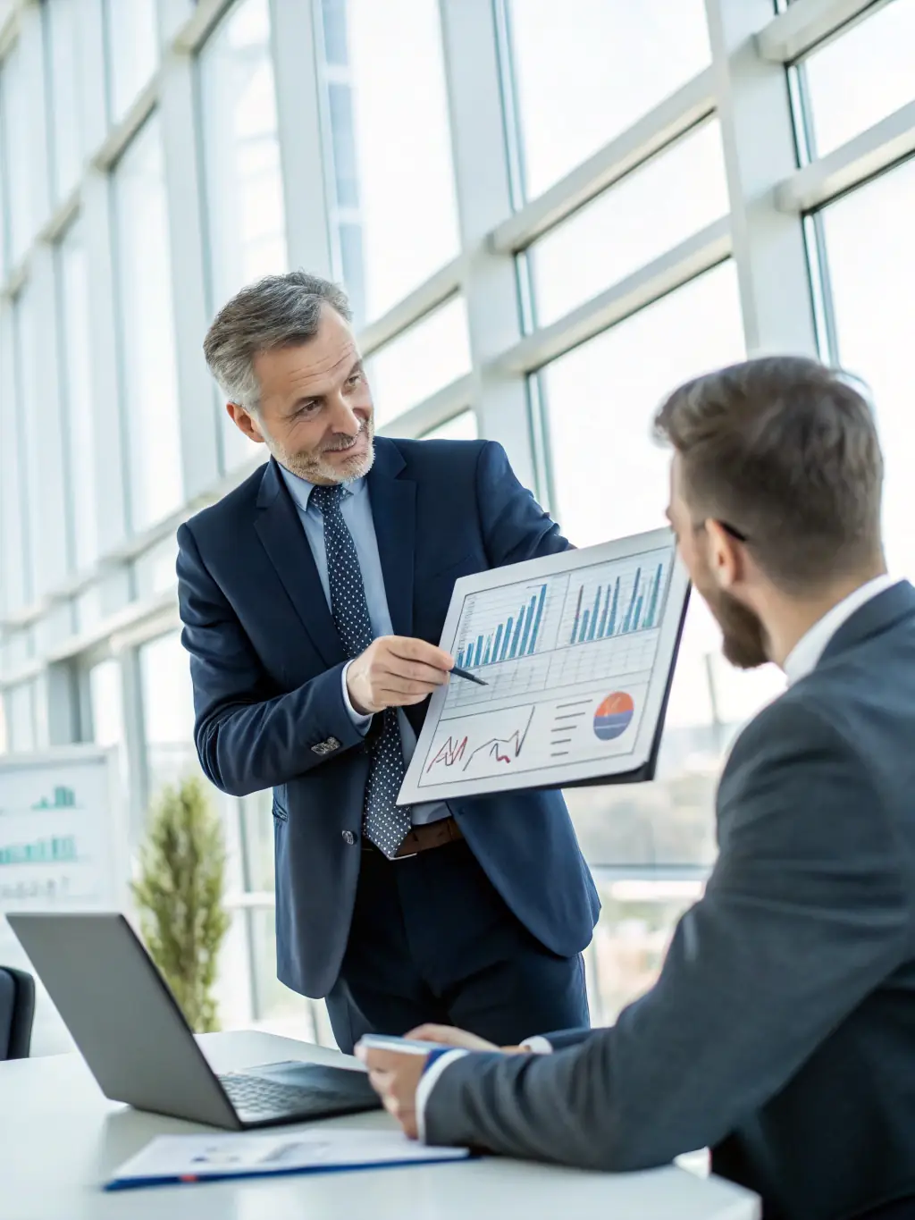 A financial advisor in a modern office, discussing investment options with a client, with Johannesburg skyline visible through the window, representing Investment Strategy Planning.