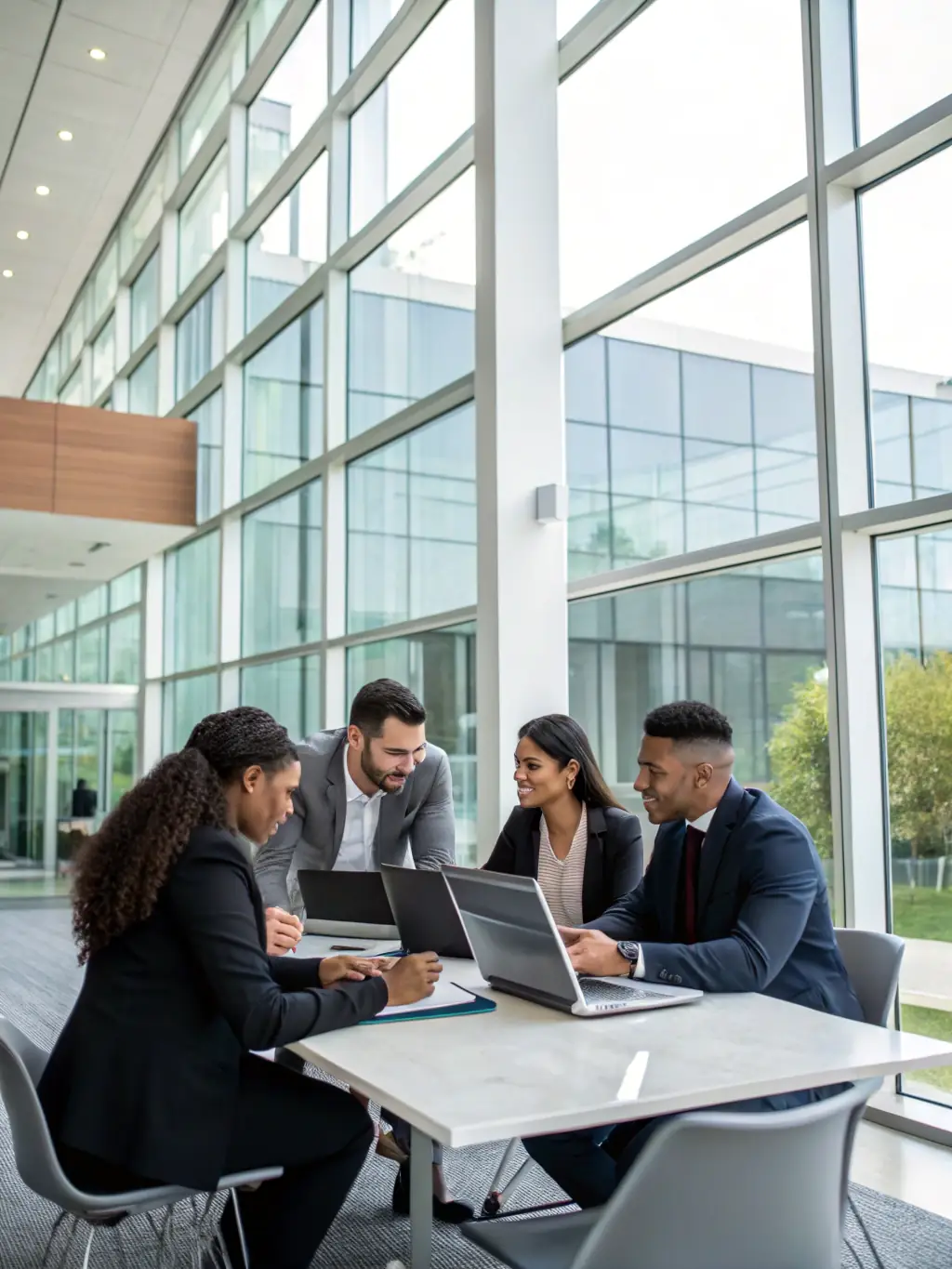 A diverse group of South African professionals collaborating on wealth management strategies in a modern office setting, symbolizing Wealth Management Solutions.