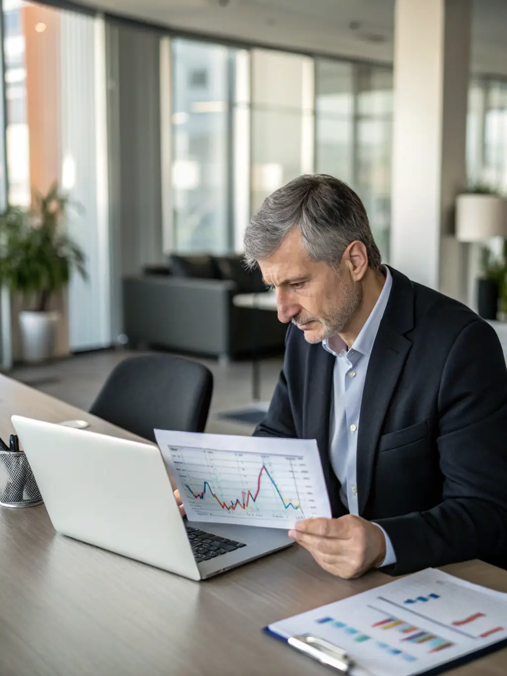 A professional South African financial advisor reviewing investment portfolios in a modern office setting, emphasizing strategic financial planning.