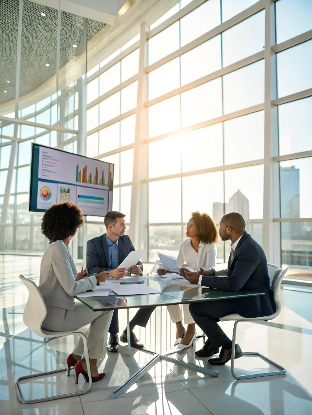 A diverse group of South African professionals collaborating on wealth management strategies in a sunlit, collaborative workspace.